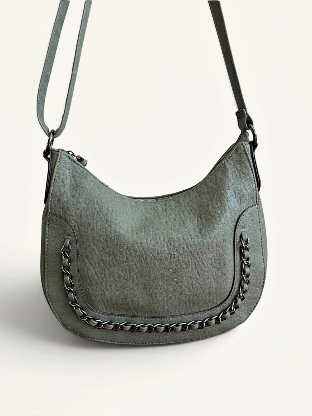 Jessica Simpson Olive Green Faux Leather Crossbody Hobo Bag Dark Chain Detail